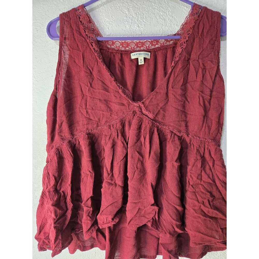 Earthbound Top Womens Medium Red Lace Trim Sleeveless Boho Ruffle Tank Rayon